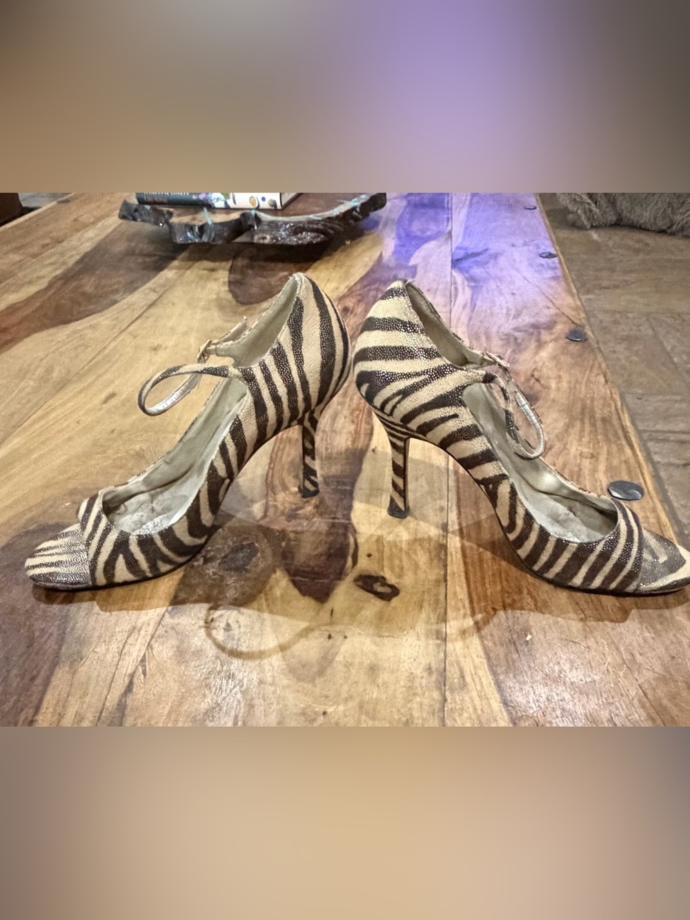 Guess by Marciano Zebra Print Peep-Toe Ankle Strap Heels in Beige and Brown